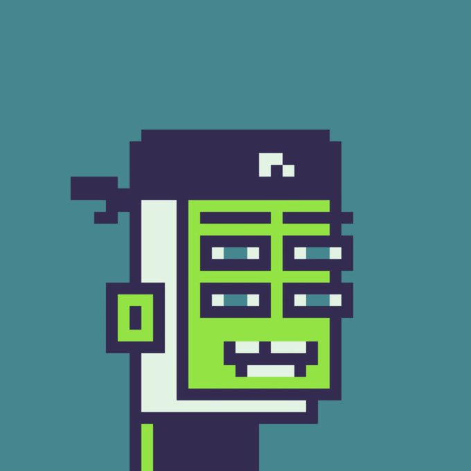 A pixel art illustration of a green-skinned, rectangular character wearing a dark blue baseball cap backwards, featuring an elongated nose and a wide grin.