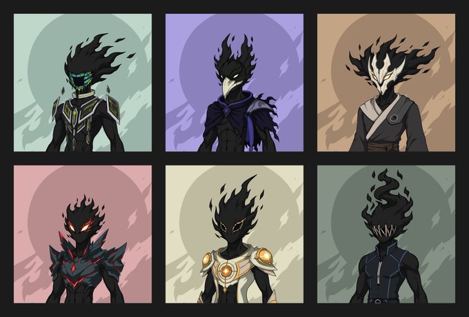A grid of six stylized character illustrations, each featuring a figure with a dark, flame-like head in various colored outfits and backgrounds.