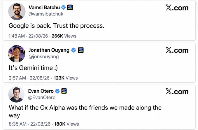 A screenshot of three X.com posts from users @vamsibatchuk, @jonsouyang, and @EvanOtero, dated 22/08/26, suggesting "Google is back" and announcing "It's Gemini time :)"—teasing that the previously anonymous "Ox Alpha" AI startup may actually be Google's new Gemini model.