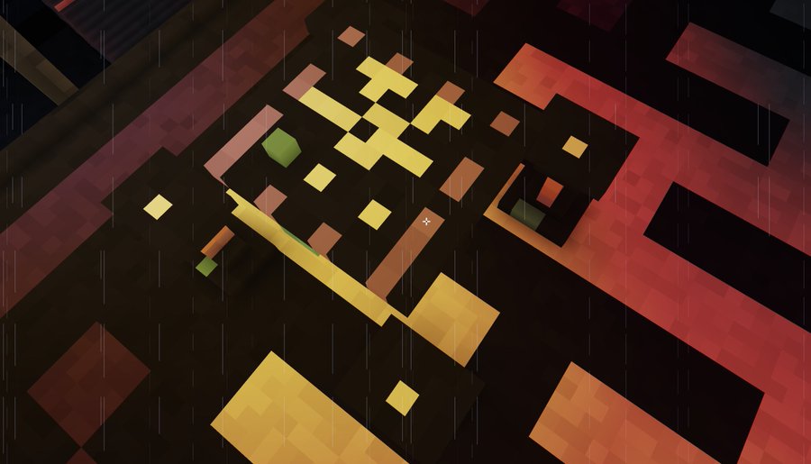 An isometric, voxel-style digital artwork featuring pixelated yellow, red, and brown geometric structures resembling a stylized map or abstract city on a dark background.