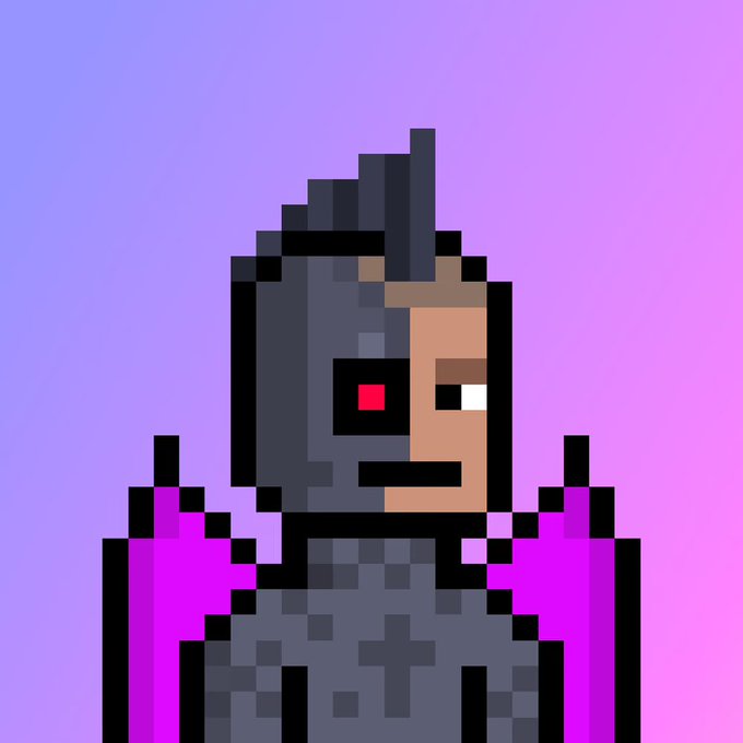 Pixel art illustration of a character wearing a grey helmet with a glowing red eye and purple armor against a gradient purple background.
