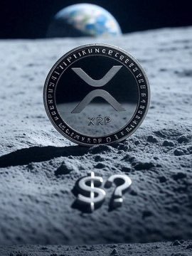 An XRP cryptocurrency coin resting on a lunar surface with a dollar sign and question mark below it, set against a backdrop of Earth in space.