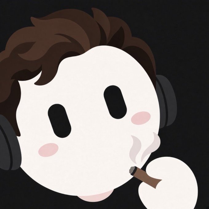 A cartoon-style icon of a white round face with brown hair, black oval eyes, pink cheeks, wearing headphones, and smoking a cigar on a black background.