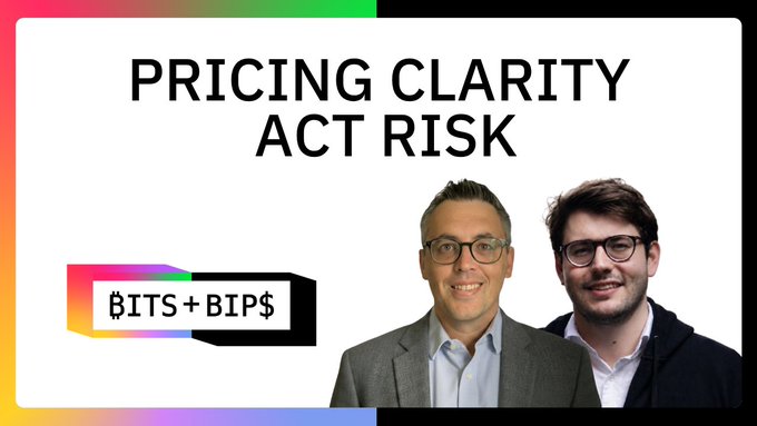 A podcast or video thumbnail titled 'PRICING CLARITY ACT RISK' from the show 'BITS+BIPS', featuring headshots of two men with glasses against a white background with colorful gradient borders.
