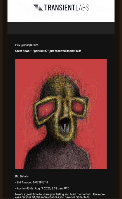 A screenshot of an email notification from Transient Labs informing '@shahparisim' that 'portrait #7' received its first bid of 0.0718 ETH, featuring a sketch of a figure with large red glasses on a red background.
