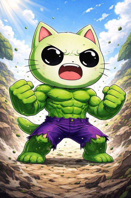 An illustration of a muscular green cat-like creature with large black eyes, wearing torn purple pants and standing in a fighting stance against a rocky landscape.