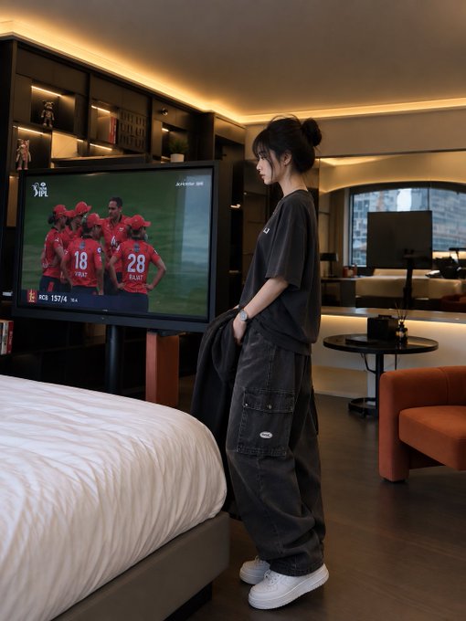 A woman in a black oversized t-shirt and dark cargo pants stands watching a soccer match on TV in a modern hotel room with a city view.