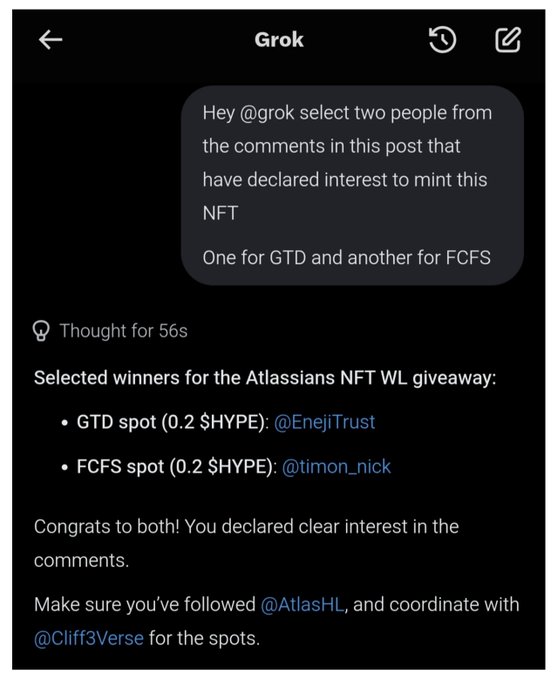 A screenshot of a Grok AI chat where a user asks it to select two people from comments interested in minting an NFT, with Grok responding that it selected @EnejiTrust for the GTD spot and @timon_nick for the FCFS spot in the Atlassians NFT WL giveaway.