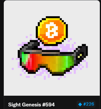 A pixel art NFT titled "Sight Genesis #594" priced at #226 depicts a rainbow-colored fish with a Bitcoin coin above it.