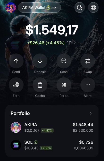 A mobile crypto wallet app screenshot showing the AKIRA Wallet displaying a portfolio balance of $1,549.17, up $26.46 (+4.45%) over 1D, with holdings in AKIRA ($1,548.44) and SOL ($0.726).