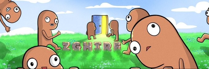 A cartoon illustration featuring brown potato-like characters with eyes on a grassy field, with the text 'ZGHTRF' and a blue-yellow portal in the center.