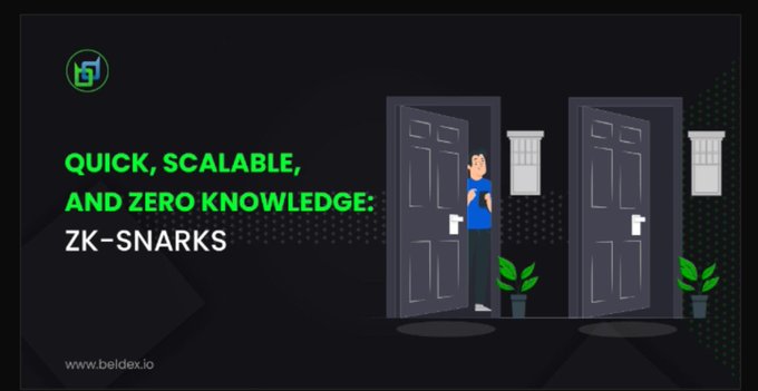 A Beldex promotional graphic titled 'QUICK, SCALABLE, AND ZERO KNOWLEDGE: ZK-SNARKS' features an illustration of a person standing between two doors representing privacy and security.