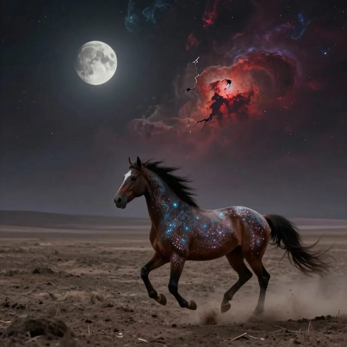 A dark fantasy scene features a brown horse adorned with glowing blue patterns galloping across a barren landscape under a dramatic night sky filled with a full moon, stars, and swirling red and blue nebula clouds.