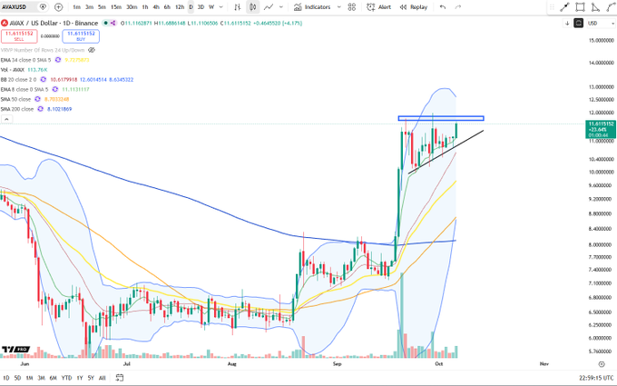 A daily candlestick chart of AVAX/USD on Binance showing price near $11.41 after a strong rally from summer lows, with the price consolidating near the upper Bollinger Band ($12.40) and just below the recent swing high around $12.60, suggesting room for upward continuation.

Key visible elements: EMA 50 close at $9.72 and EMA 200 close at $8.03 both sloping upward (confirming bullish structure), Bollinger Bands widening to accommodate the recent breakout, and rising volume on the impulse move — all supporting the post's "prime for continuation" thesis.