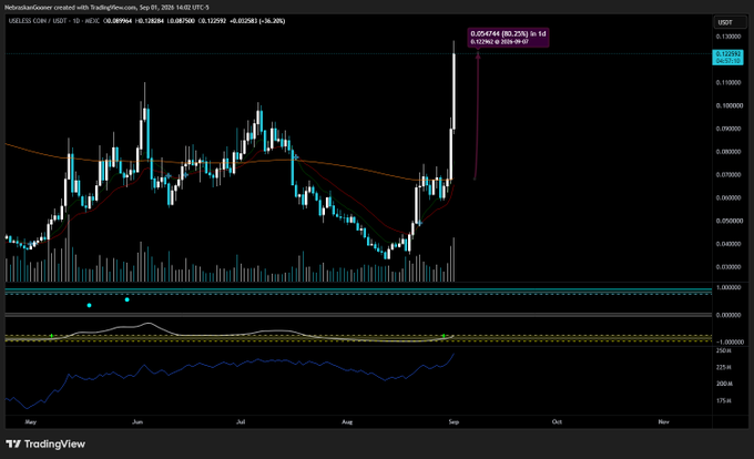 A TradingView chart for **$USELESS/USDT** shows a sharp breakout, with the annotation noting a move from **$0.05258 to $0.09464 (+80.25%) in 2 days**. Volume spikes alongside the surge, supporting the post’s claim that $USELESS gained about 80% in two days.