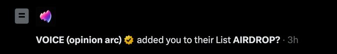 A notification screenshot showing that 'VOICE (opinion arc)' has added a user to their List 'AIRDROP?'