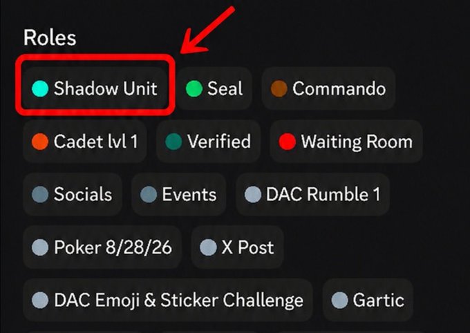 A Discord roles menu with a red arrow and box highlighting the 'Shadow Unit' role among others like Seal, Commando, Cadet lvl 1, and Verified.