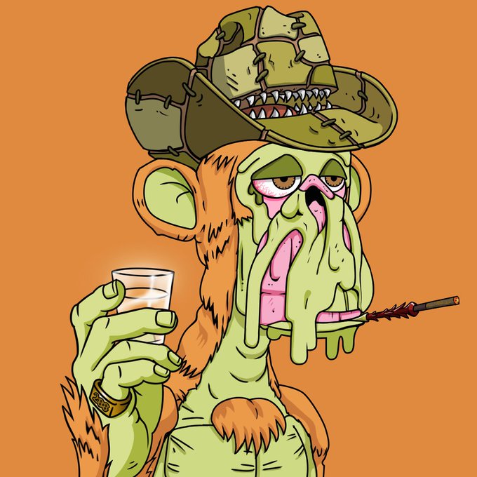 An illustration of a grotesque green-skinned character with melting features, wearing a patchwork hat and smoking a cigarette while holding a glass.
