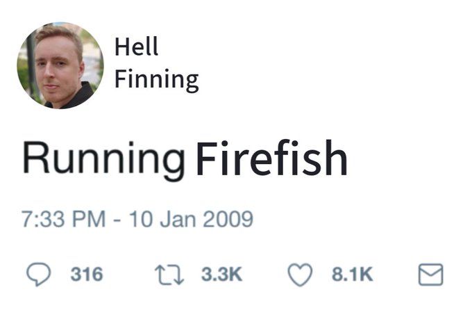 A tweet from "Hell Finning" posted at 7:33 PM on January 10, 2009, with the text "Running Firefish," showing 316 replies, 3.3K retweets, and 8.1K likes, relating to the post about a Bitcoin-focused worker ("@NoFinntech") co-owning Firefish and leaving Germany's fiat economy for Bitcoin work in Prague.