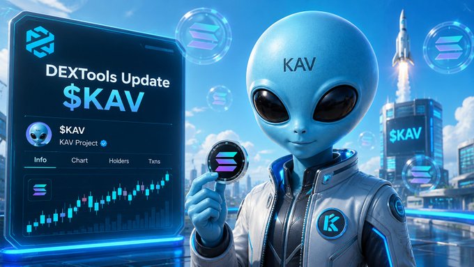 A blue alien character labeled 'KAV' holding a Solana token, with a DEXTools update screen showing '$KAV' and price chart, alongside '$KAV' branding on city billboards.