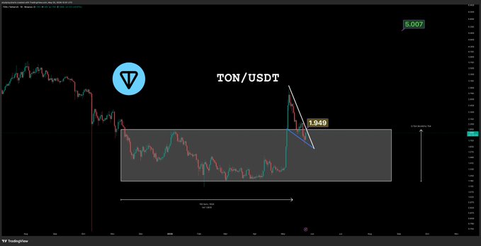 The image shows a stock chart with a blue triangle pointing downwards, indicating that the stock's price is falling. The text "ton/usdt" is also present in the image. This suggests that the stock might be related to the cryptocurrency market or has some connection to it.
