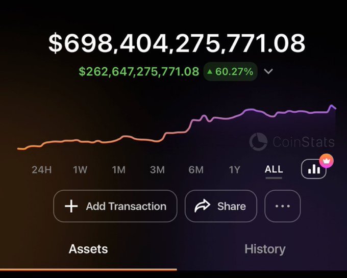 A CoinStats app screenshot displaying a portfolio balance of $698,404,275,771.08 with a 60.27% gain of $262,647,275,771.08, showing an 'ALL' time chart with a rising trend line.