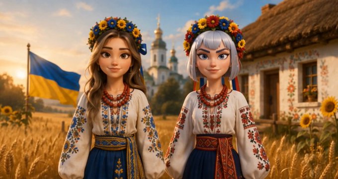 Two animated young women wearing traditional Ukrainian embroidered vyshyvanka blouses and colorful flower crowns stand smiling in a sunflower field, with the Ukrainian flag and an Orthodox church visible in the background. The image ties to the post by showcasing the artistic NFT-style rendering of the two featured creators celebrating their community's talent.