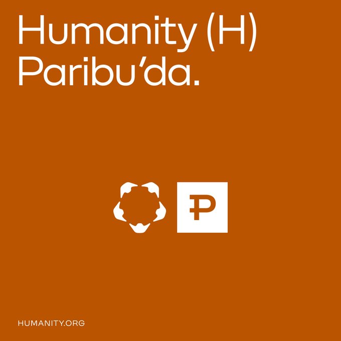 The image features a poster with an orange background that reads "Humanity (H)" followed by "Paribu' da". Below this text, there are four white circles arranged vertically, each containing a person's head. The caption below the poster states "Humanity (H) deposit transactions have started. The H/TL market, however, opens today at 16:00."