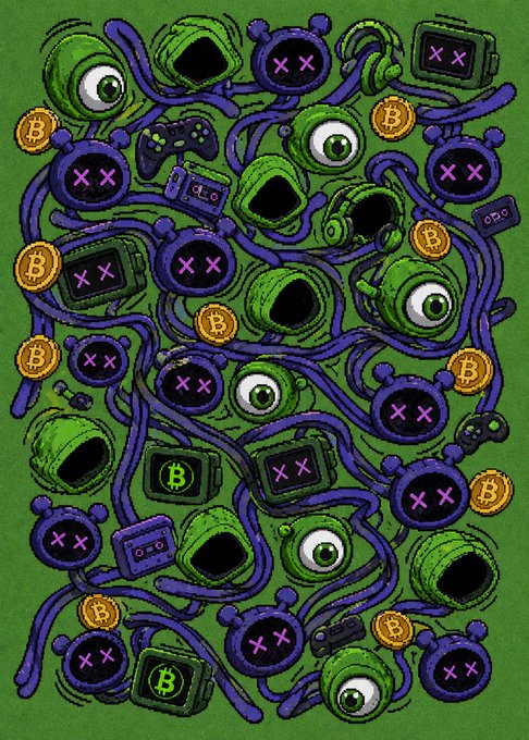 A colorful, densely packed doodle art piece features a chaotic background of green eyeballs, purple controllers with 'X X' eyes, retro TVs, and gold Bitcoin coins scattered across a green backdrop.