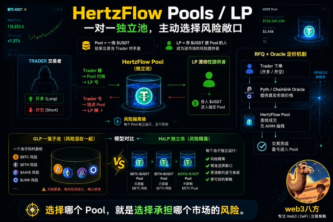 An infographic explaining HertzFlow's Pools / LP system, showing how individual $USDT pools are paired with trading pairs (BTC, ETH, SUI, SONG) to isolate risk, with a LP pool total of $152,341,234 ($2,458 per person). The diagram contrasts the GLP one-pool model (combining multiple assets) with HertzFlow's HzLP design where each trading pair has its own independent pool, comparing GLP 1池子涵 (1 LP, $1270 pools) vs HzLP 独立池 (46 Pools, $8718 pools).