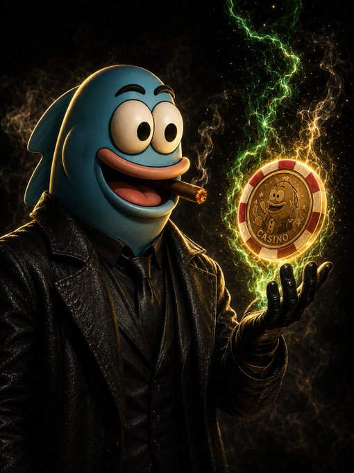 A blue cartoon fish character wearing a black leather coat and tie smokes a cigar while conjuring a glowing casino chip emblazoned with its own face and the word "CASINO" using magical green energy. The image ties into the post's gambling theme, depicting a high-roller "going all in" with chips rather than watching from the sidelines as suggested by @ferdybet.