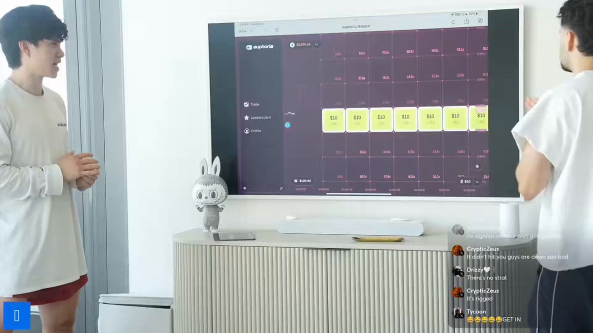 The image shows two men standing in front of a flat screen TV, which displays a monitor with a grid of numbers. The men are positioned near a white cabinet that has a small figurine of a rabbit on top of it. One man is wearing a white shirt and red shorts, while the other is dressed in black. They seem to be engaged in an activity or discussion related to the content displayed on the TV screen.