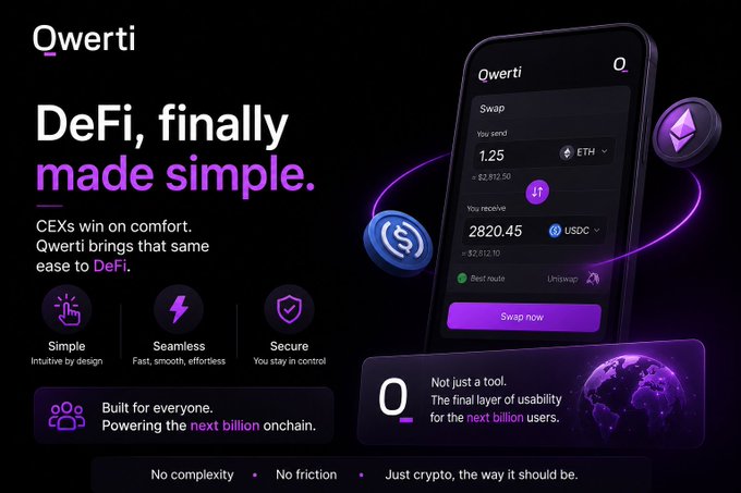 A promotional graphic for Qwerti, a DeFi platform with the tagline 'DeFi, finally made simple,' showing a phone interface for swapping ETH to USDC.