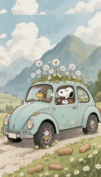 A whimsical illustration of Snoopy driving a pastel blue vintage Volkswagen Beetle filled with dandelions and flowers, with Woodstock riding shotgun through a mountainous countryside landscape, peanuts scattered on the road.