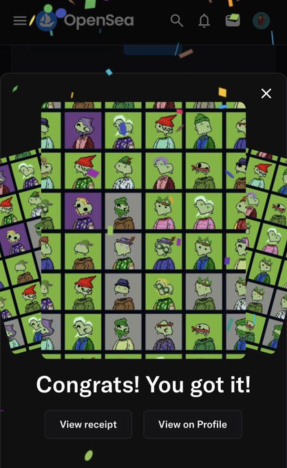 An OpenSea app screenshot showing an NFT purchase confirmation with the text 'Congrats! You got it!' displayed below a grid of cartoon-style character images.