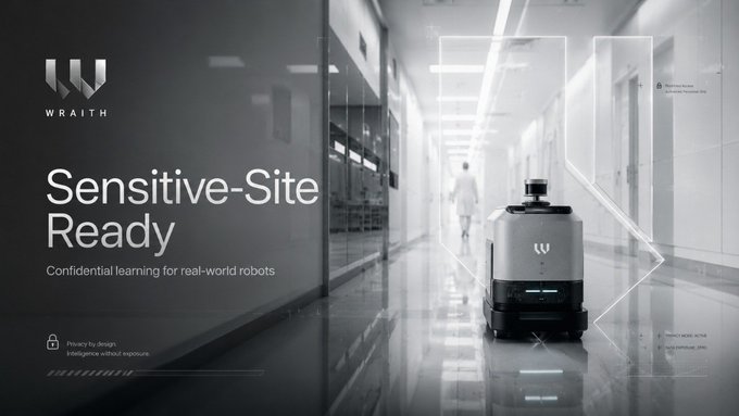 A grayscale promotional graphic for 'WRAITH' titled 'Sensitive-Site Ready' with the tagline 'Confidential learning for real-world robots,' showing a robot in a corridor with text noting 'Privacy by design' and 'Intelligence without exposure.'