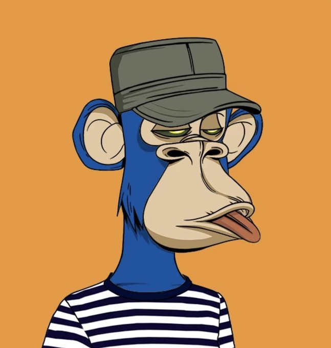 A cartoon illustration of a blue monkey character with a serious expression, wearing a military-style cap and a black and white striped shirt, on an orange background.