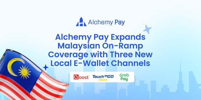 The image features a banner with an American flag at its center, along with text that reads "Alchemy Pay expands Malaysian On-ramp coverage with three new local e-wallet channels: GrabPay, Touch 'n Go eWallet, and Boost". The focus of this image is to promote the integration of local payment channels for users in Malaysia.