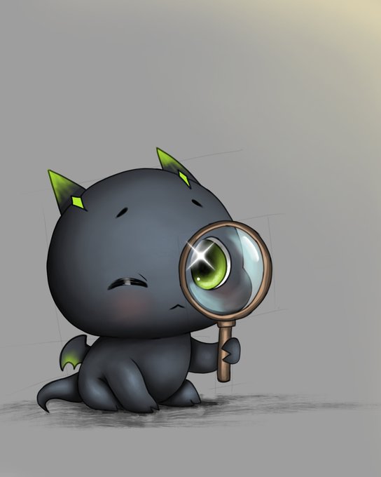 Illustration of a cute black cartoon character with green-tipped horns and a tail holding a magnifying glass up to its eye.