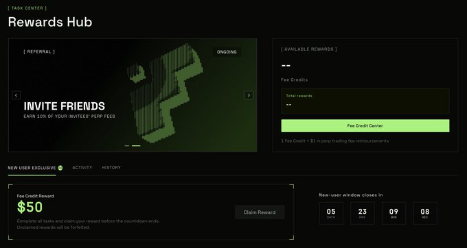The image displays TxFlow's Rewards Hub featuring a $50 new user Fee Credit reward, a referral program offering 10% of invitees' perp fees, and a countdown timer showing 5 days, 23 hours, 9 minutes, and 8 seconds remaining. The post highlights that 1 Fee Credit equals $1 in perpetual trading fee reimbursements, encouraging new users to sign up via the referral link to claim these rewards.