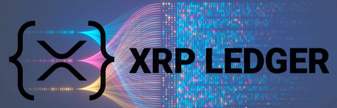 A banner image with a digital blue and pink background displaying the XRP logo in brackets next to the bold text 'XRP LEDGER'.