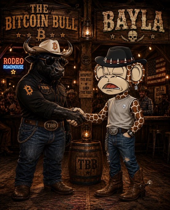 A detailed digital illustration depicting a handshake in a rustic saloon between a bull wearing a cowboy hat and a cartoon monkey named 'BAYLA,' under signs reading 'THE BITCOIN BULL' and 'RODEO ROADHOUSE.'