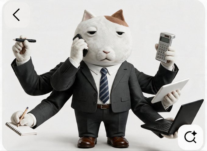 A cartoonish white cat in a business suit with multiple arms juggles a smartphone, pen, calculator, notepad, tablet, and laptop, humorously depicting the chaos of multitasking. The image visually amplifies the post's message about reaching out to "the gang" and "all KETs" to help choose a new PFP for $KET, symbolizing the busy, multi-tasking effort behind the call.