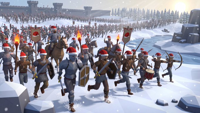 A massive low-poly medieval army of soldiers, archers, and cavalry charges across a snowy battlefield toward a distant castle, all wearing festive red Santa hats. The scene brings holiday humor to the $SANTA post, transforming a traditional war banner into a playful Christmas-themed rally cry for the coin's community.