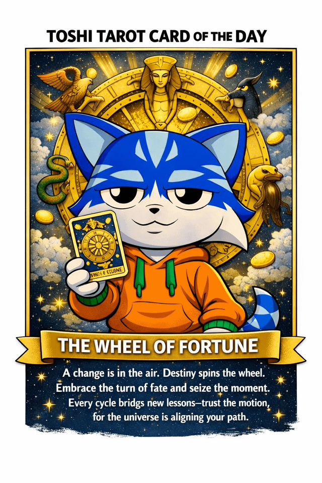 The image shows a cartoon fox-like character wearing an orange hoodie holding a tarot card, with the text "TOSHI TAROT CARD OF THE DAY" at the top and "THE WHEEL OF FORTUNE" banner below, accompanied by a message about embracing change and trusting fate—aligning with the "Toshi Tarot Energy" theme by presenting a daily mystical reading for the Toshi community.