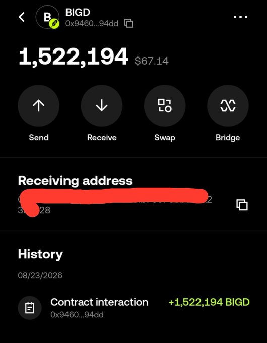 A cryptocurrency wallet interface showing a balance of 1,522,194 BIGD tokens (worth $67.14) with a redacted receiving address and a history entry for a contract interaction dated 08/23/2026.