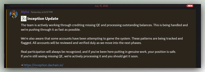 A screenshot of a Discord message from "Alpha" with the header "Inception Update," discussing crediting missing QE, addressing system gaming, and providing a link to https://inception.dachain.io/.
