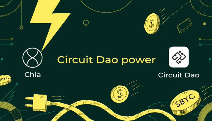 A dark green graphic with yellow accents displays the text "Circuit Dao power" between the Chia and Circuit Dao logos, surrounded by illustrations of coins marked with "$", "$BYC", and a power plug connected to a lightning bolt—visually emphasizing the partnership and energy behind Circuit Dao's DeFi ecosystem on Chia, as highlighted in the accompanying post.