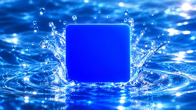 A blue square splashing into water, creating a dynamic splash with ripples and droplets.