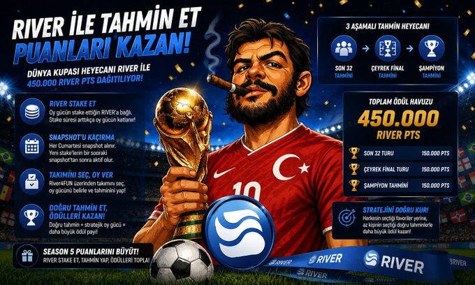 The image features a poster for the River 4 Fun World Cup Event. The poster showcases an illustration of a soccer player holding a trophy, with the text "River ile tahmin et puanlari kazan!". The poster also includes information about the event and its rewards, such as the number of points one can earn by participating in the competition or watching it on social media. The image is accompanied by a caption that reads "@River dot inc" and "@River4fun World Cup Event Is Much Bigger Than You Think!", emphasizing the scale and impact of the River 4 Fun World Cup Event.